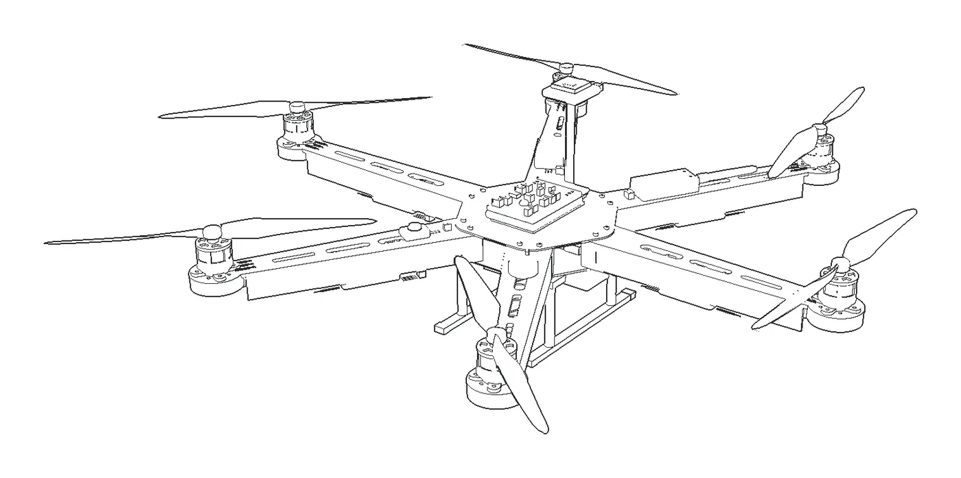 Line drawing of the F550 hexacopter, fully built