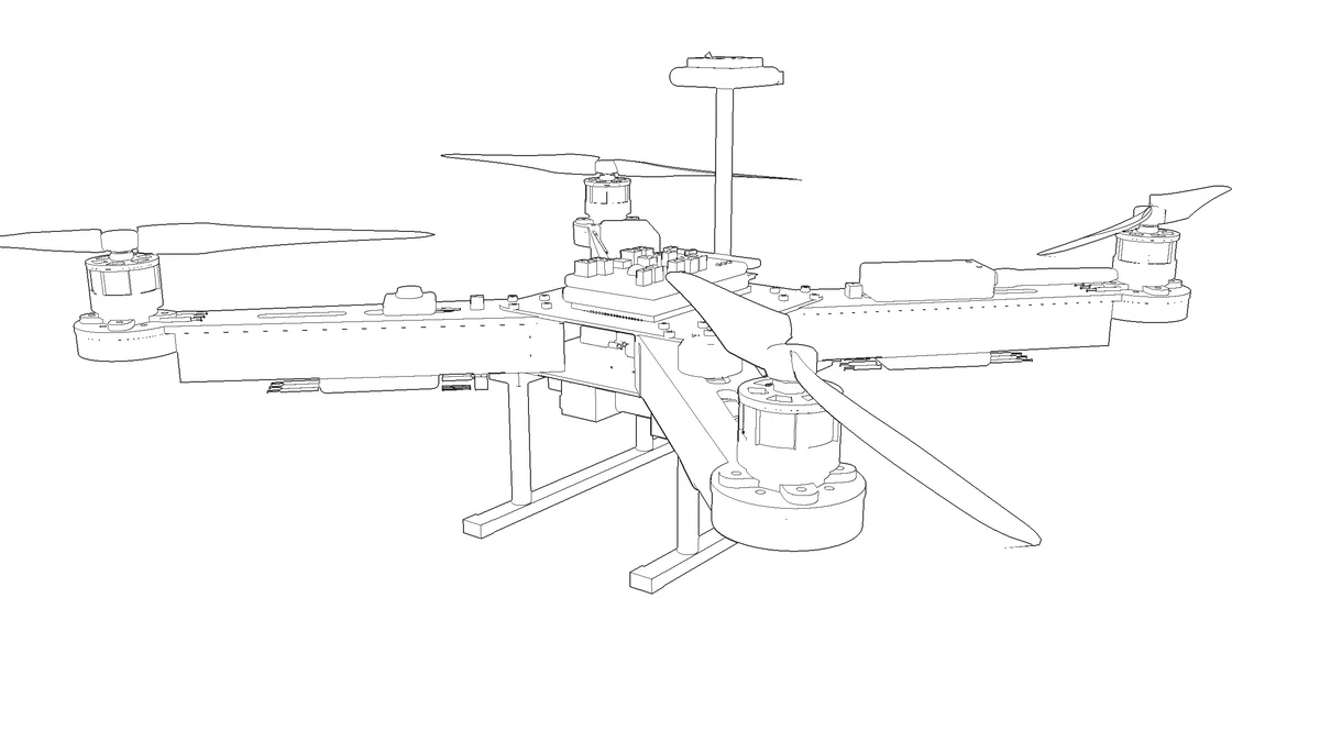 Line drawing of the finished quad with all four propellers