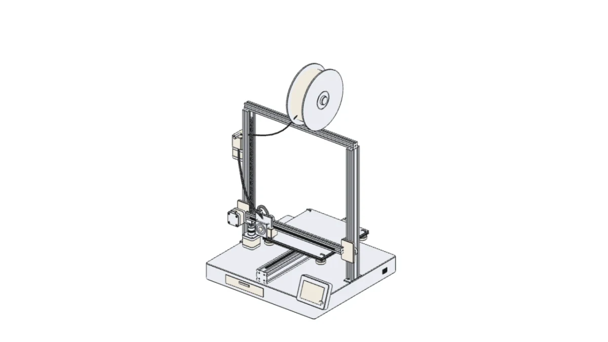 Line drawing of an i3-style 3D printer with a filament spool