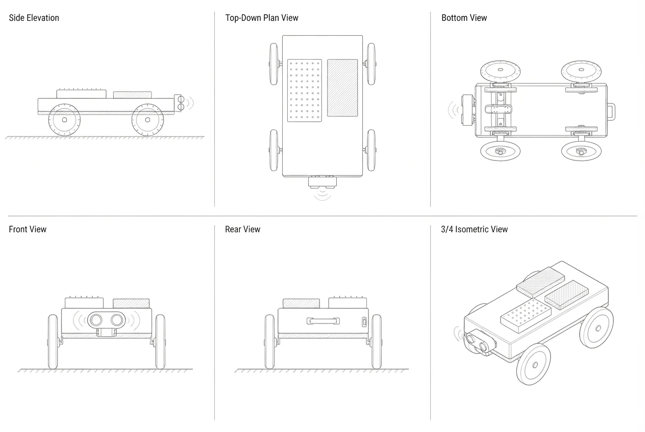 Line drawings of the 4WD robot car: side, top, bottom, front, rear and three-quarter views