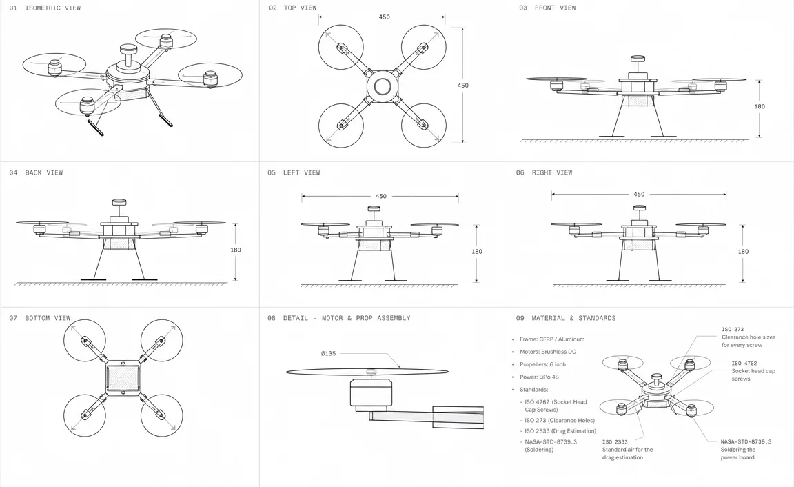 Line drawings of the F450 quadcopter: isometric, top, front, back, left, right and bottom views, motor detail, materials and standards