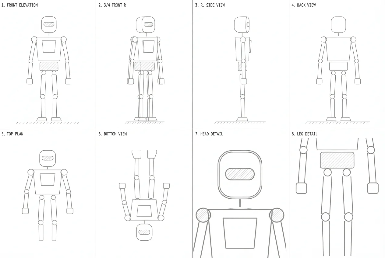 Line drawings of the robot: front, three-quarter, side, back, top and bottom views, head and leg details